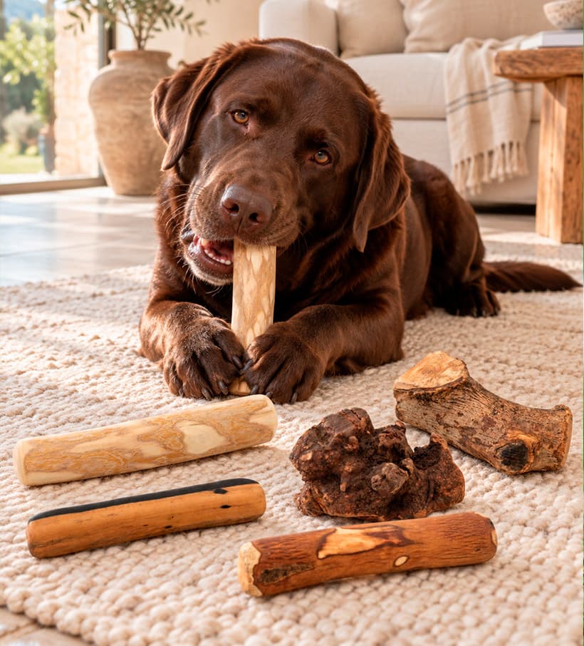 Labrador with Antlerworld natural wood dog chews